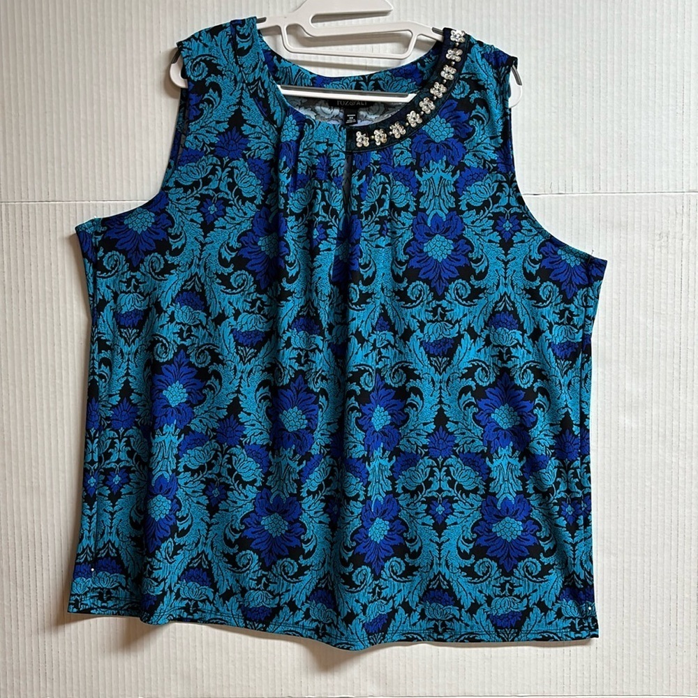 Roz & Ali Blue Sleeveless Top/Blouse  Rhinestone Look At Neckline Size 3X
